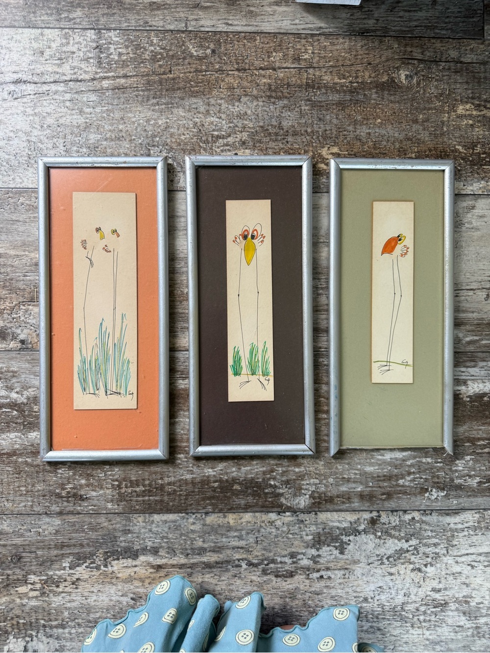 Trio of vintage mixed-media bird drawings and paintings by artist Barbara Entz